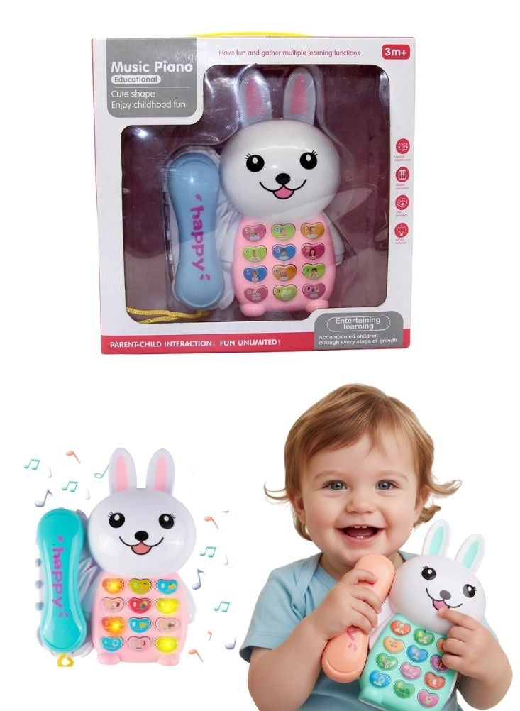 لعبة هاتف موسيقي على شكل أرنب – لعبة بيانو موسيقية تعليمية مضيئة وصوتية للأطفال الصغار من عمر ثلاث سنوات فما فوق